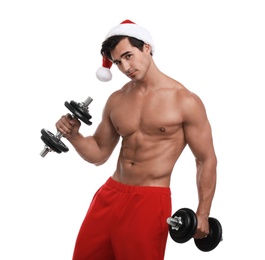 Sexy shirtless Santa Claus with dumbbells on white background