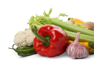 Photo of Different fresh ripe vegetables isolated on white