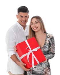 Lovely couple with gift box on white background. Valentine's day celebration