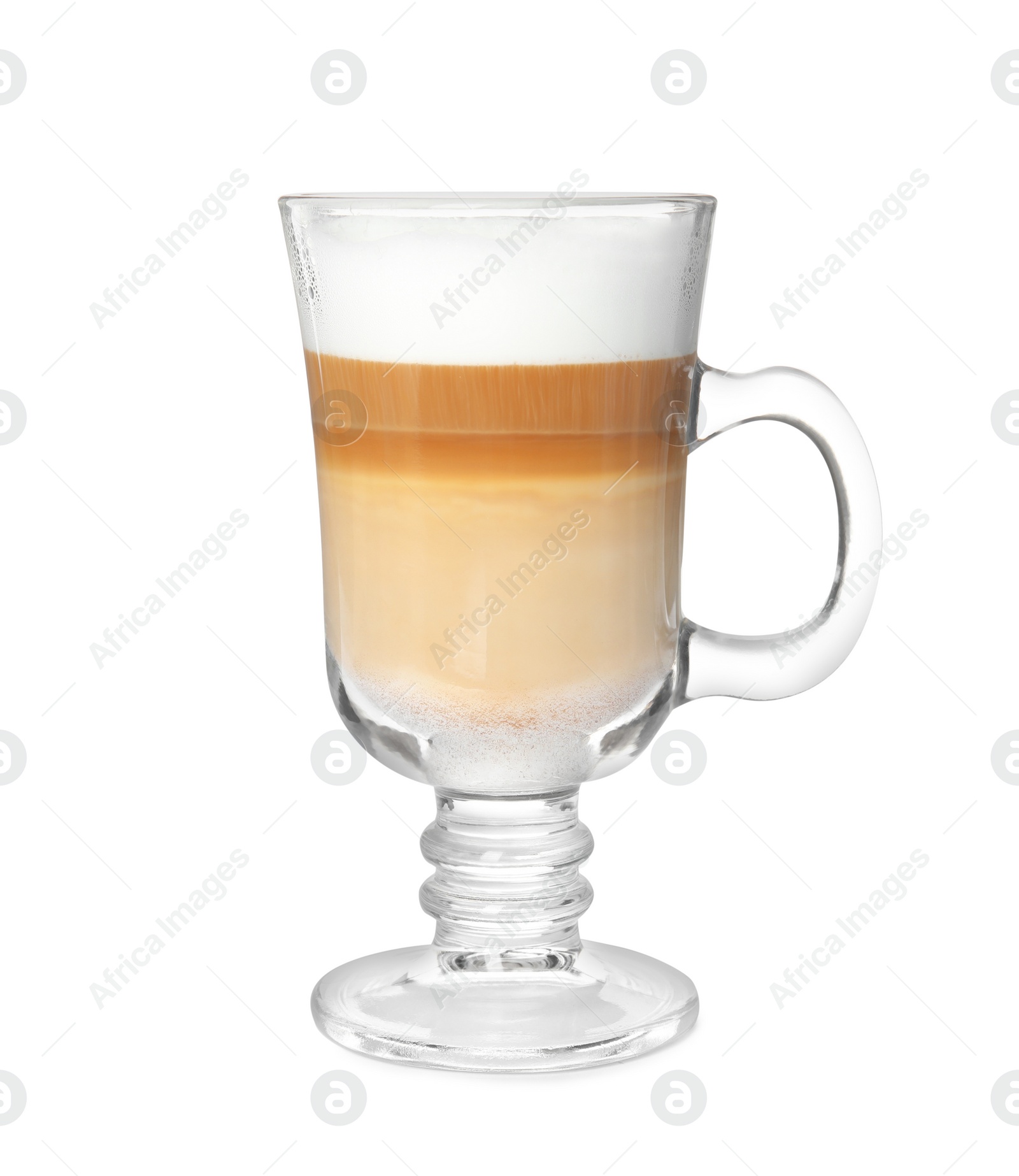 Photo of Glass of delicious latte macchiato on white background