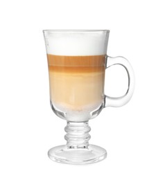 Glass of delicious latte macchiato on white background