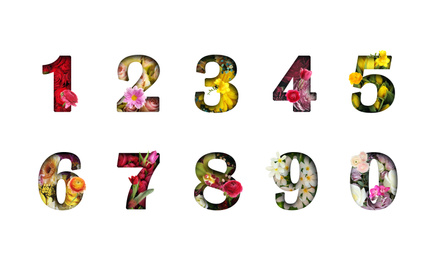 Image of Numbers made of flowers on white background