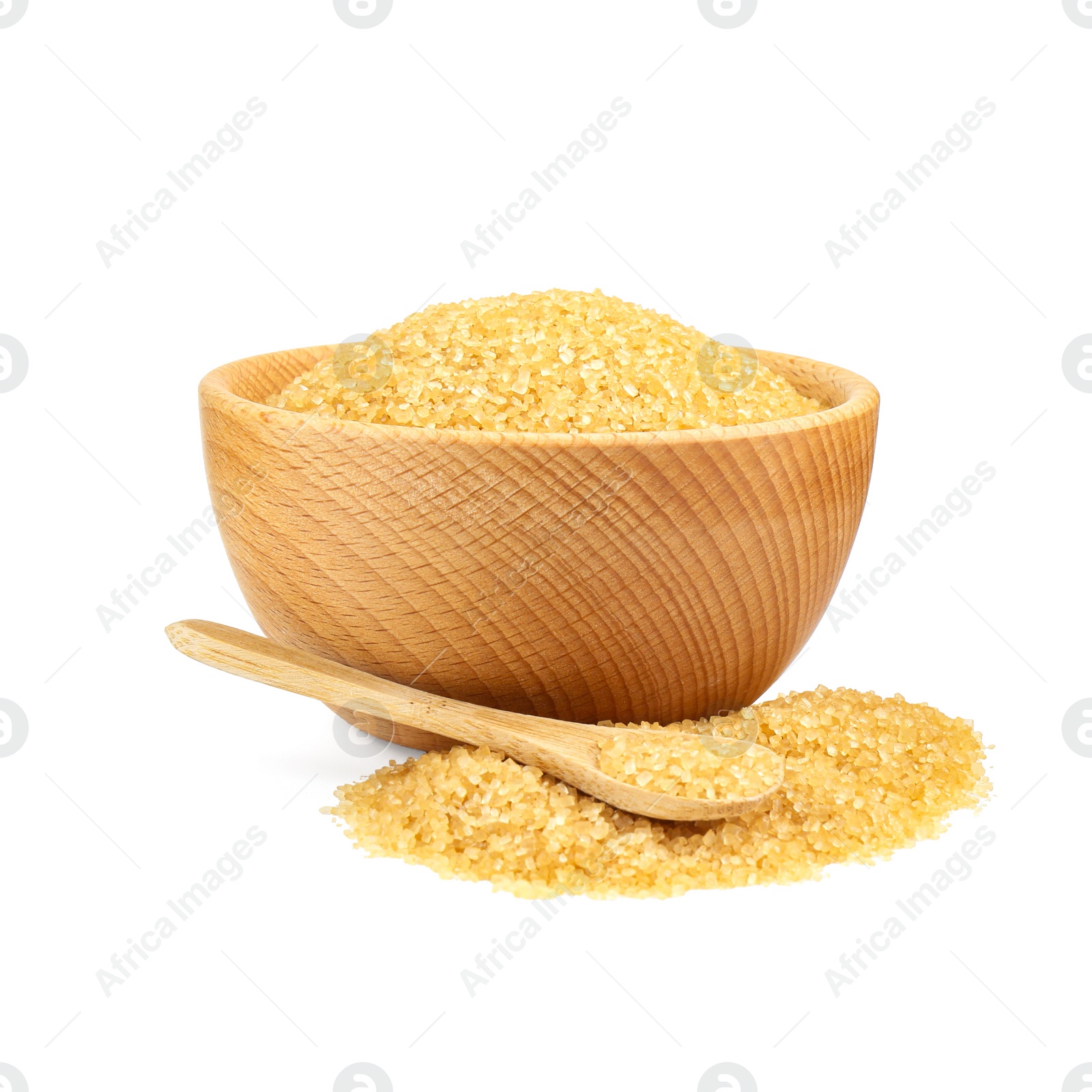 Photo of Brown sugar in wooden bowl and spoon isolated on white