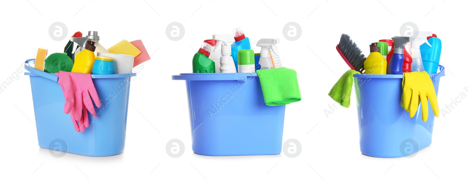 Image of Collage of buckets with cleaning supplies on white background. Banner design