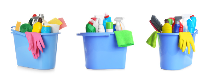 Image of Collage of buckets with cleaning supplies on white background. Banner design