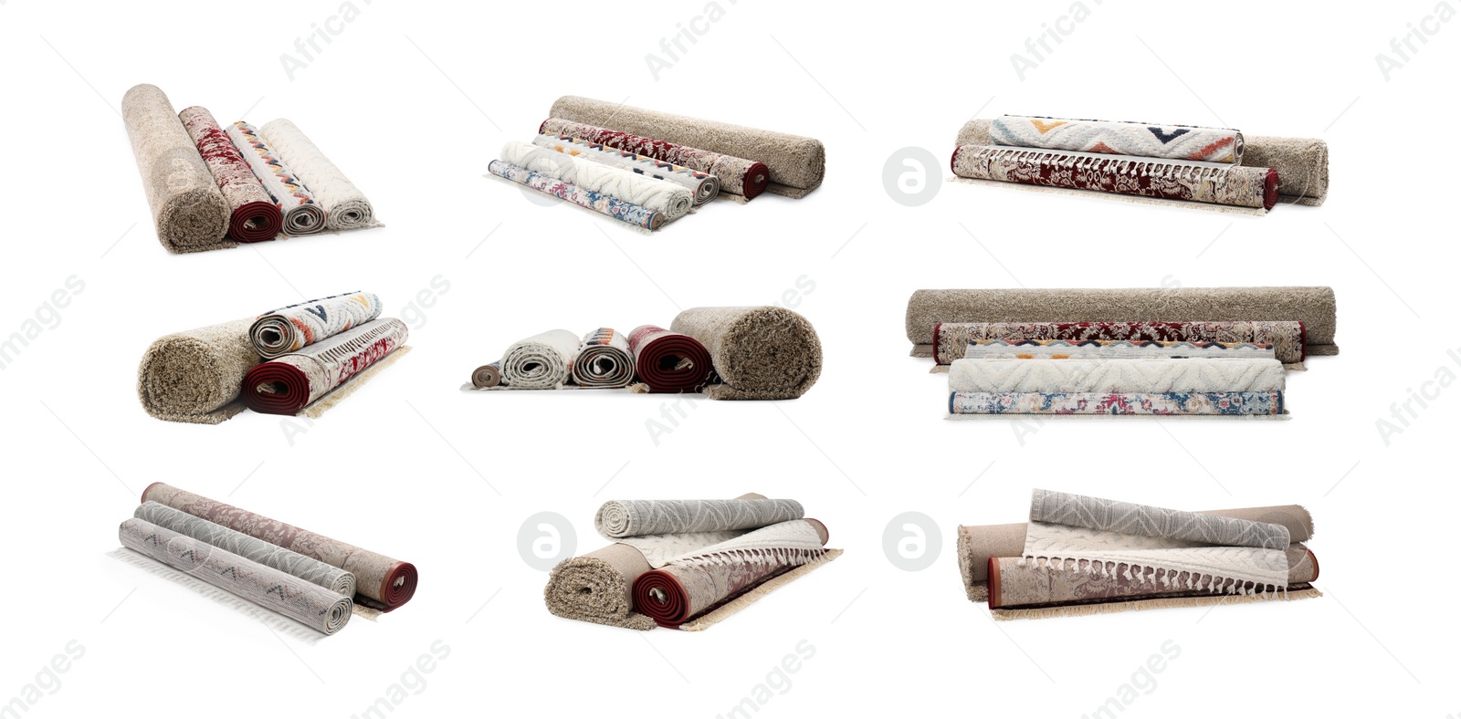 Image of Many different rolled carpets isolated on white, set