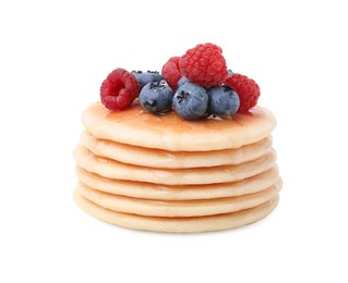 Photo of Delicious pancakes with berries and honey isolated on white