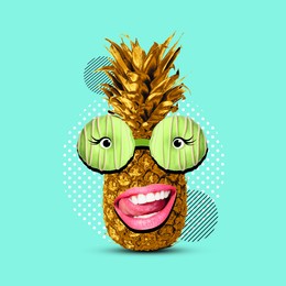 Image of Golden pineapple with donut eyeglasses smiling on colorful background. Summer party concept. Bright creative collage design