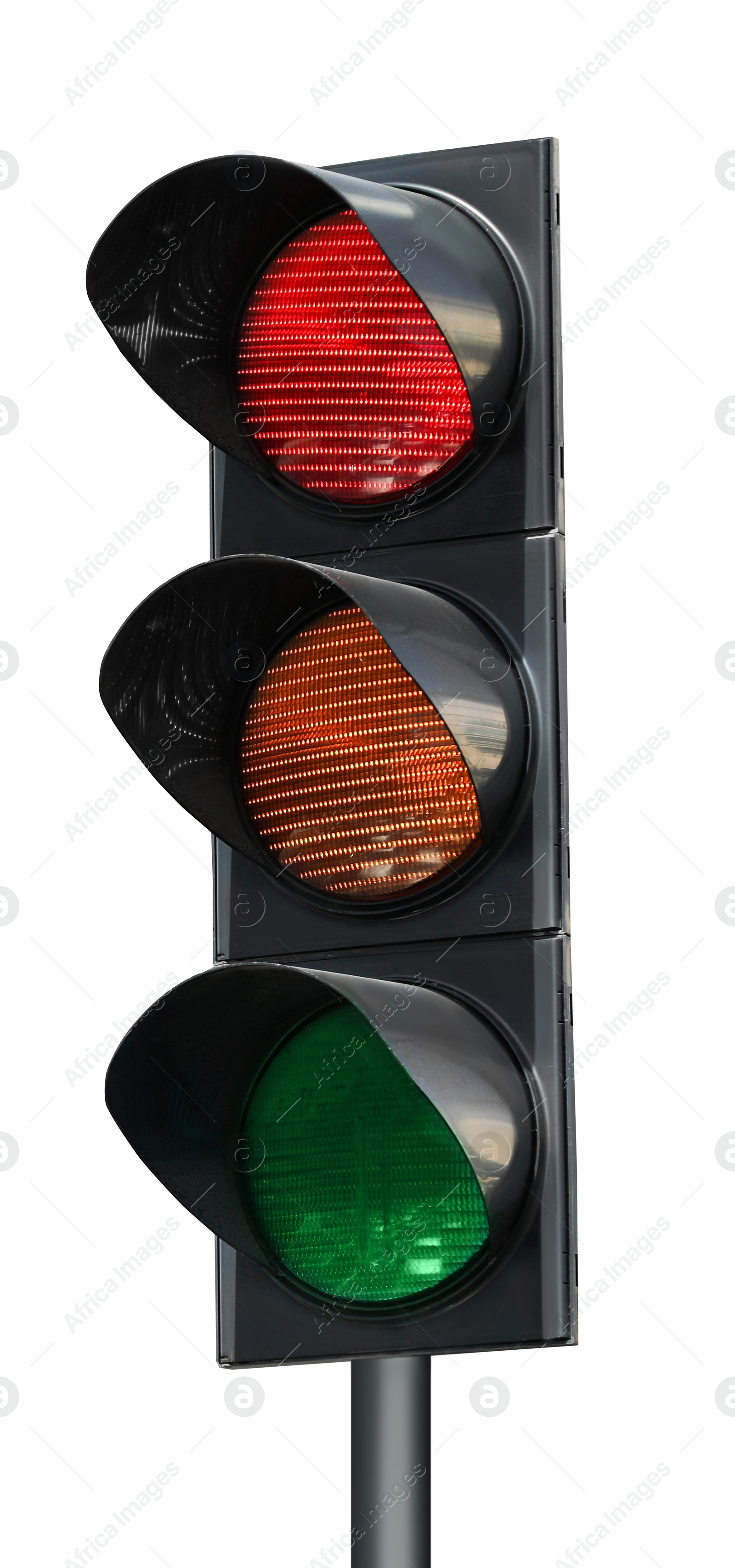 Image of Traffic signal with three lights isolated on white