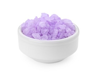 Photo of Bowl with violet sea salt isolated on white