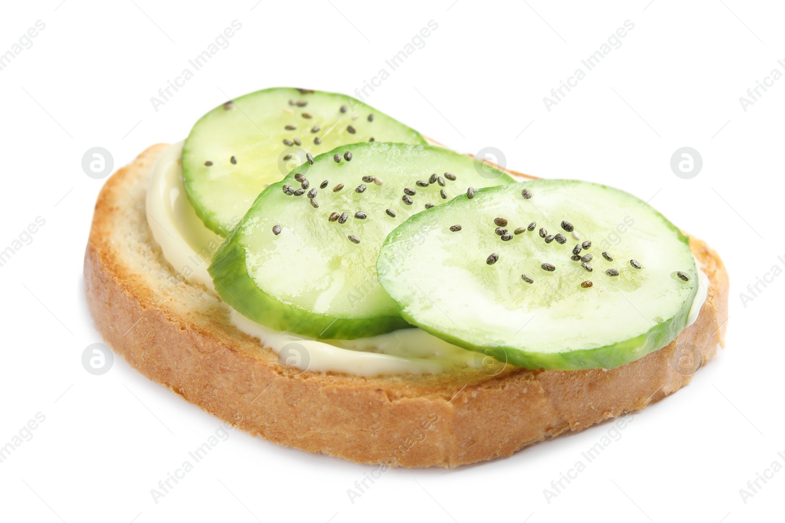 Photo of Slice of bread with spread and cucumber on white background