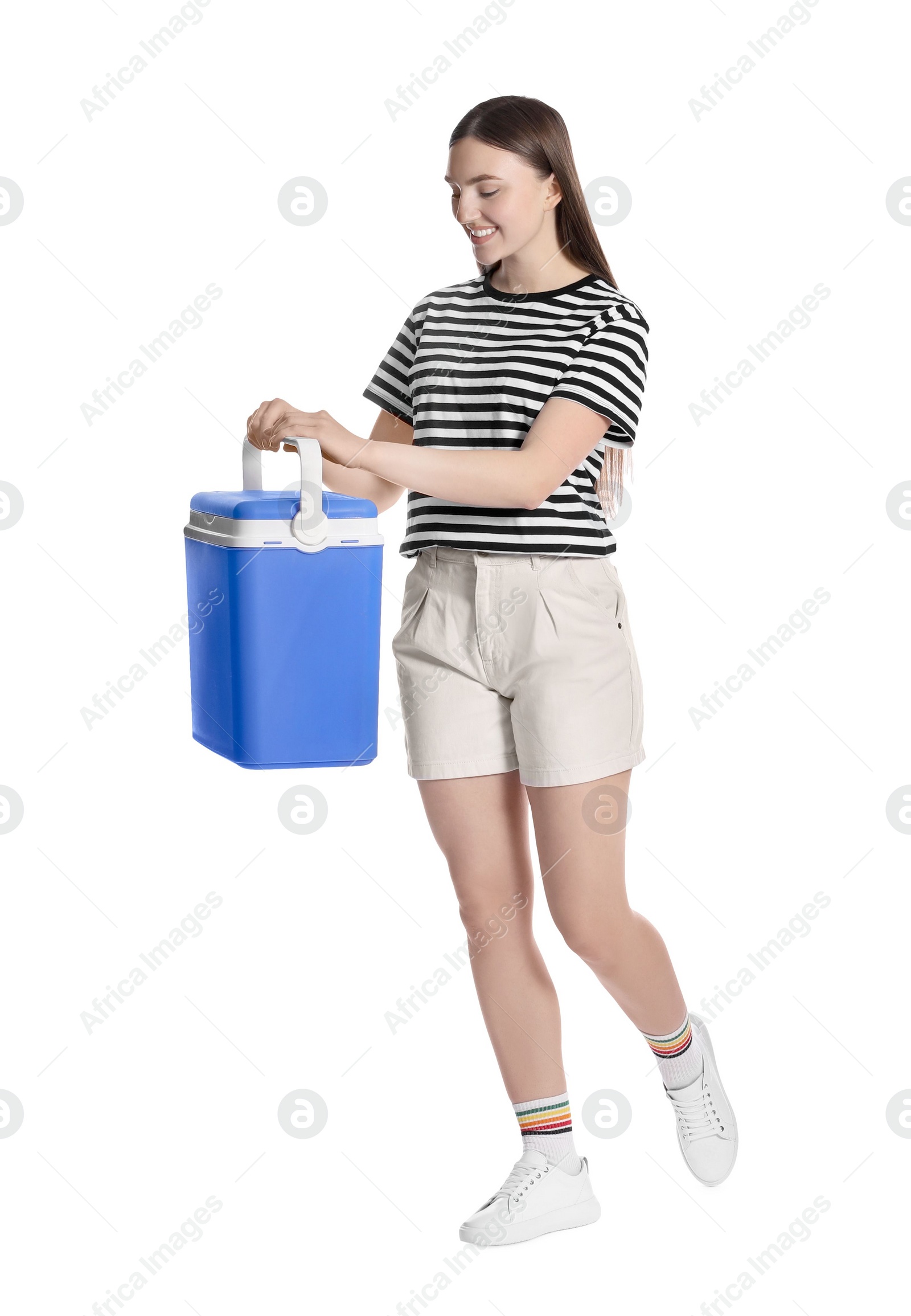 Photo of Happy young woman with plastic cool box isolated on white