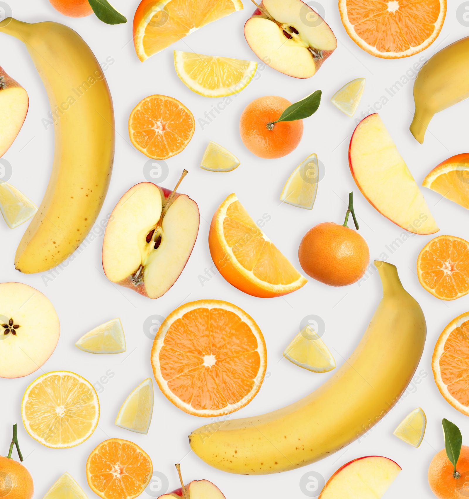 Image of Tropical layout with different fresh fruits on light background, top view