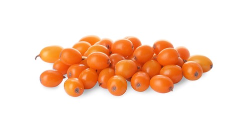 Photo of Fresh ripe sea buckthorn berries on white background