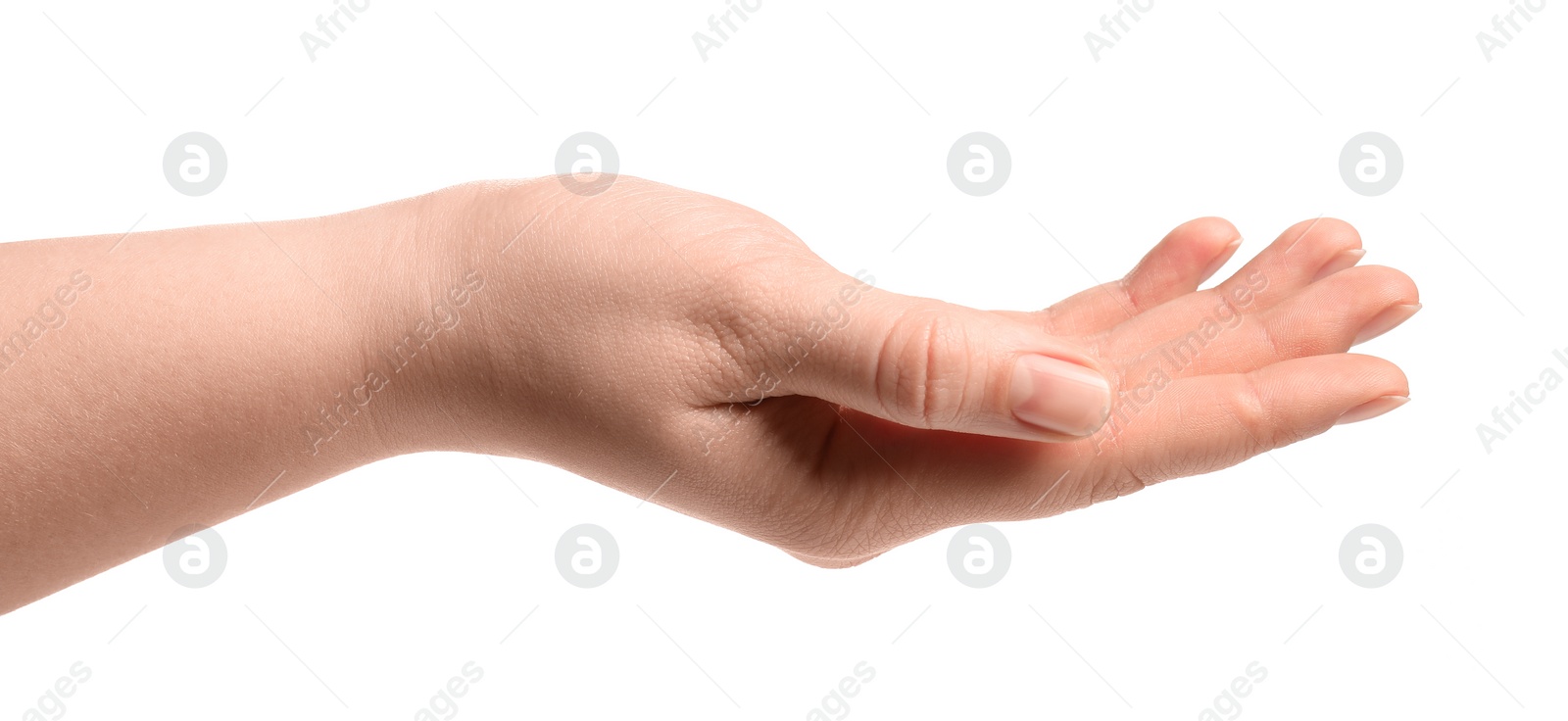 Photo of Woman holding something in her hand on white background, closeup