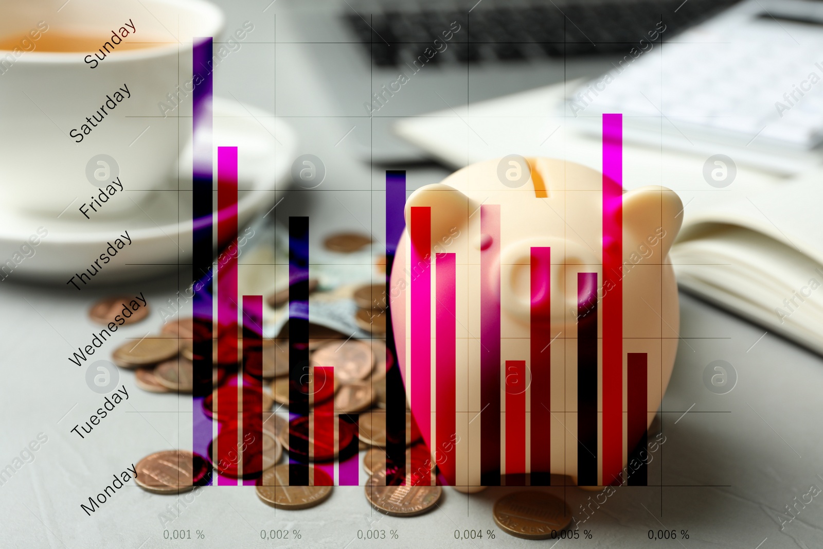 Image of Finance trading concept. Piggy bank on grey table and diagram