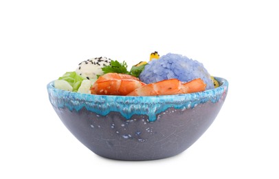 Fresh delicious poke bowl on white background
