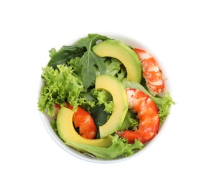 Delicious avocado salad with shrimps in bowl on white background, top view