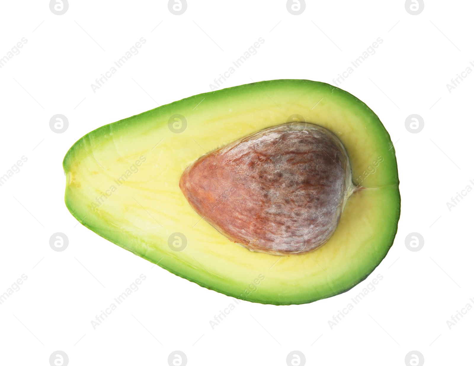 Photo of Half of ripe avocado with pit on white background