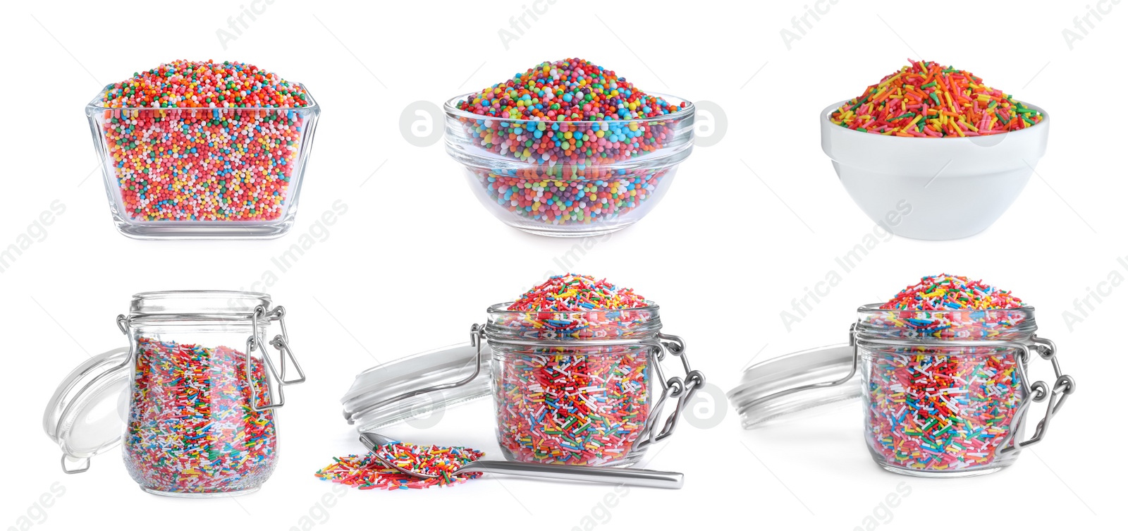 Image of Set with colorful sprinkles on white background, banner design. Confectionery decor