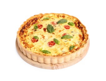 Photo of Delicious quiche with cheese, tomatoes and basil isolated on white