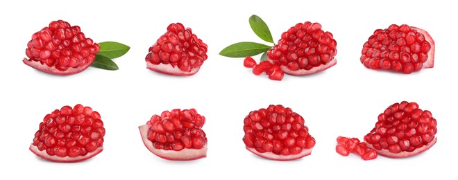 Image of Pieces of ripe juicy pomegranate on white background, collage. Banner design