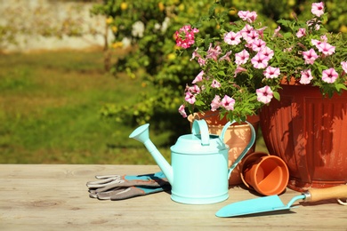 Photo of Set of gardening tools on wooden table outdoors. Space for text