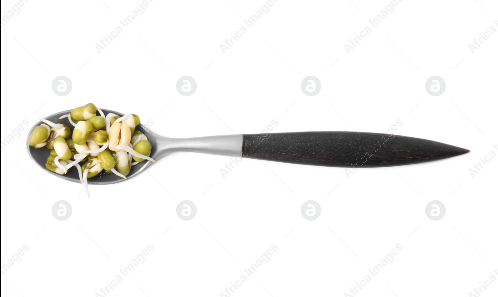 Photo of Spoon with fresh sprouted mung beans isolated on white, top view