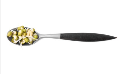 Photo of Spoon with fresh sprouted mung beans isolated on white, top view