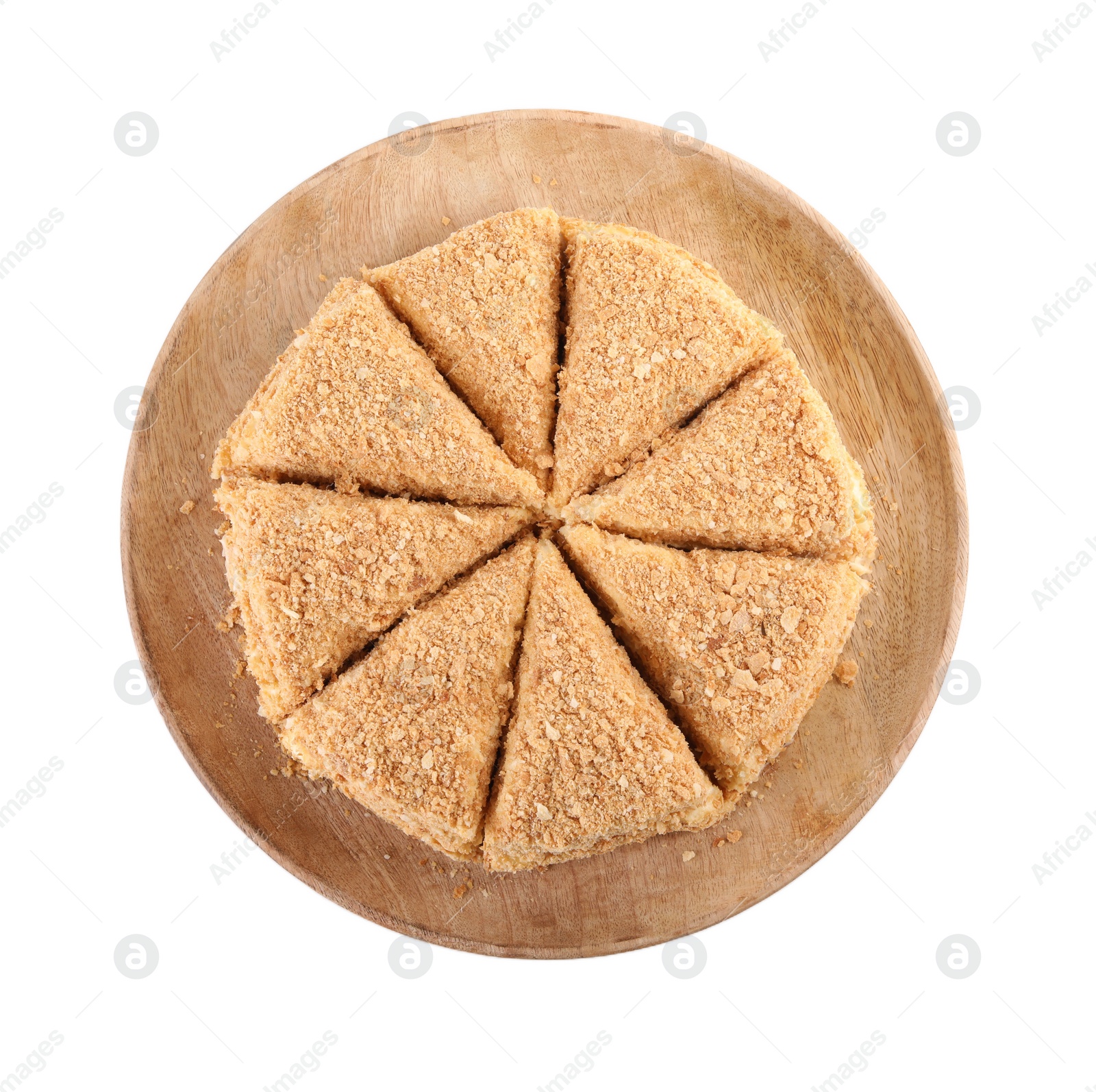 Photo of Delicious cut Napoleon cake isolated on white, top view