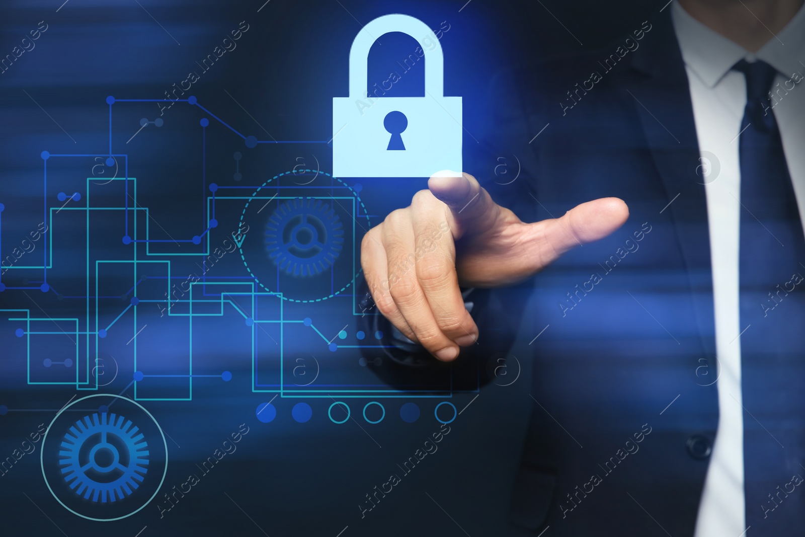 Image of Cyber security concept. Man pointing at virtual screen with padlock icon on dark background, closeup