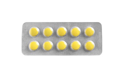 Photo of Blister of pills on white background, top view