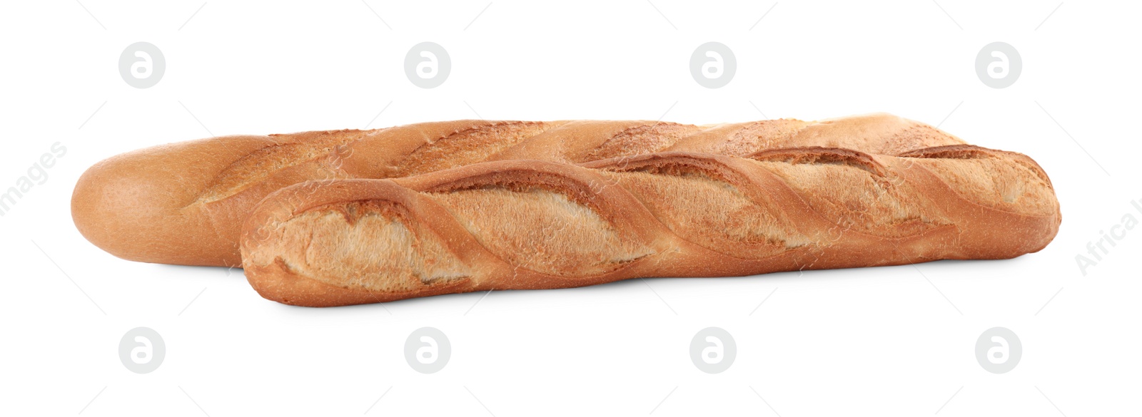 Photo of Tasty baguettes on white background. Fresh bread