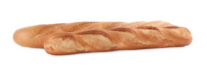 Photo of Tasty baguettes on white background. Fresh bread