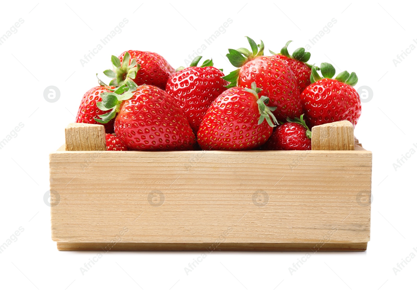 Photo of Fresh strawberries in wooden crate isolated on white