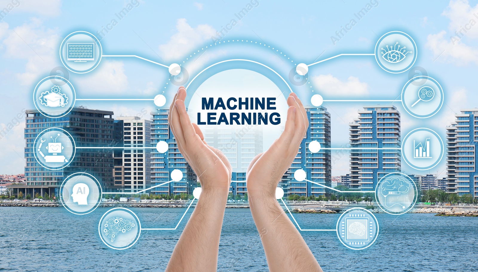 Image of Man demonstrating machine learning model with linked icons and cityscape on background, closeup