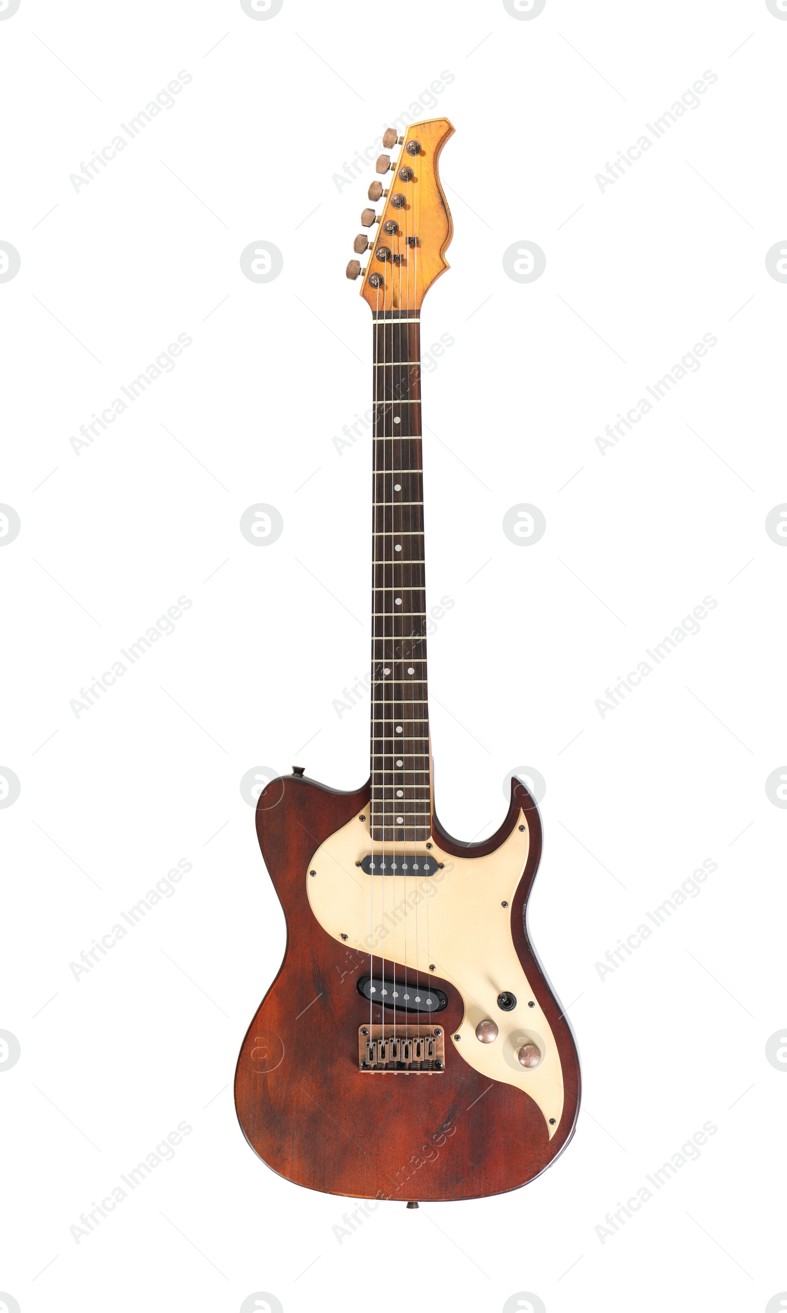 Photo of Electric guitar on white background, top view