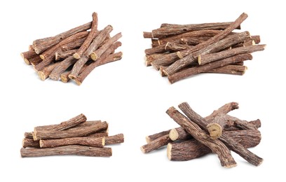 Set with dried sticks of liquorice root on white background