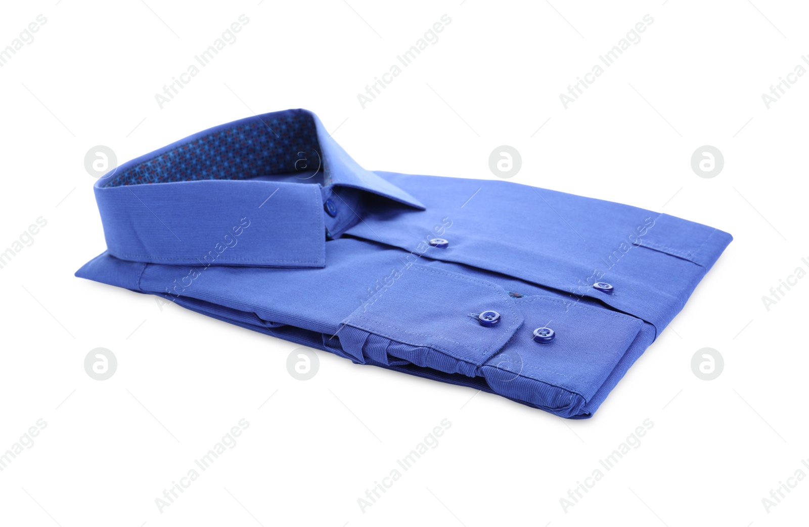 Photo of Stylish blue shirt isolated on white. Dry-cleaning service