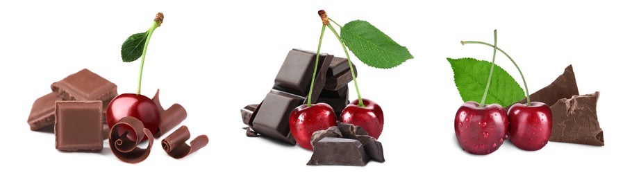 Image of Fresh cherries, pieces and curls of chocolate isolated on white. set