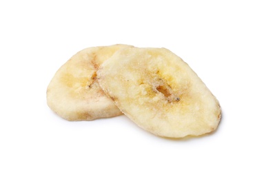 Sweet banana slices on white background. Dried fruit as healthy snack