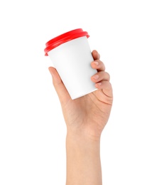 Woman holding takeaway paper coffee cup on white background, closeup