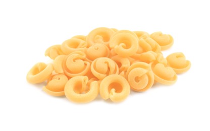 Photo of Pile of raw dischi volanti pasta isolated on white