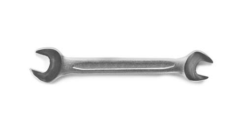 Photo of New wrench on white background, top view. Plumber tools