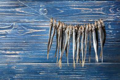 Photo of Dried fish hanging on rope against blue wooden background