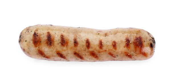 Photo of Tasty fresh grilled sausage isolated on white, top view