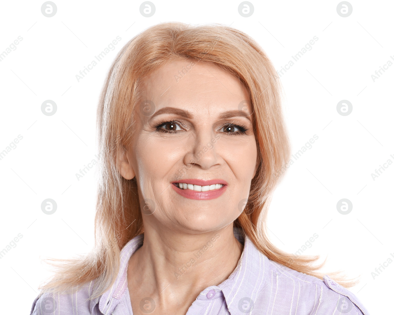 Photo of Portrait of mature woman with beautiful face on white background