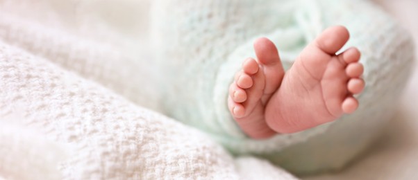 Image of Newborn baby lying on plaid, closeup view with space for text