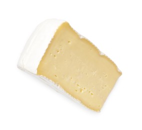 Photo of One piece of tasty camembert cheese isolated on white, top view