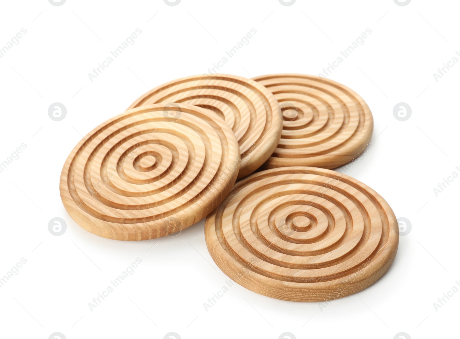 Photo of Stylish wooden cup coasters on white background